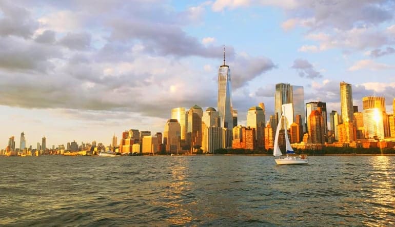 New York City Saturday Sunset Statue & Skyline Sail City Skyline