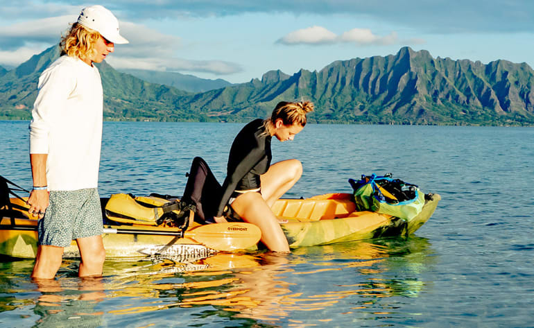 Oahu Hawaii Self-Guided Kayaking Kaneohe Bay Sandbar deboard