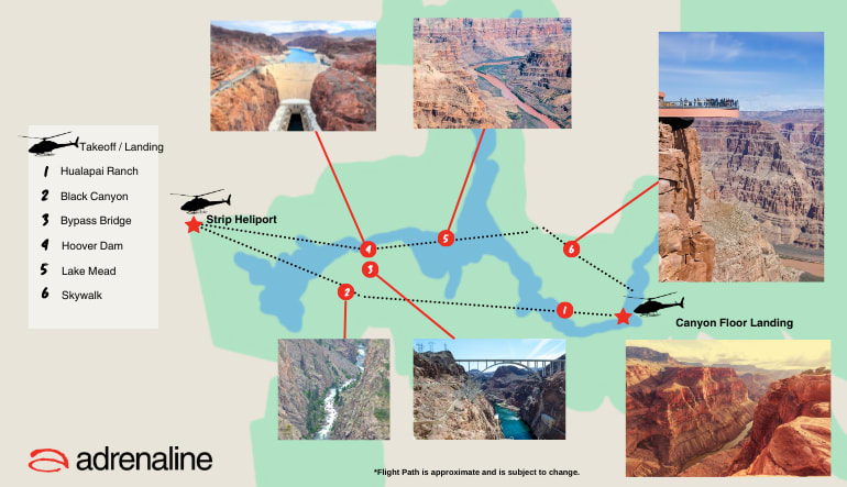 Grand Canyon Helicopter Ride with Canyon Floor Champagne Landing and Las Vegas Strip Tour flight map