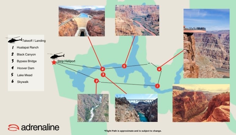 Above and Below the Rim Las Vegas to Grand Canyon Helicopter tour Vegas Helicopter ride flight map