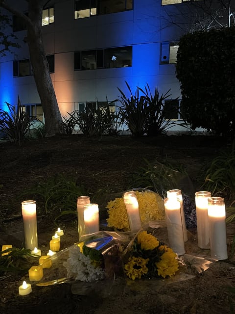 Candles on the lawn in front of hospital