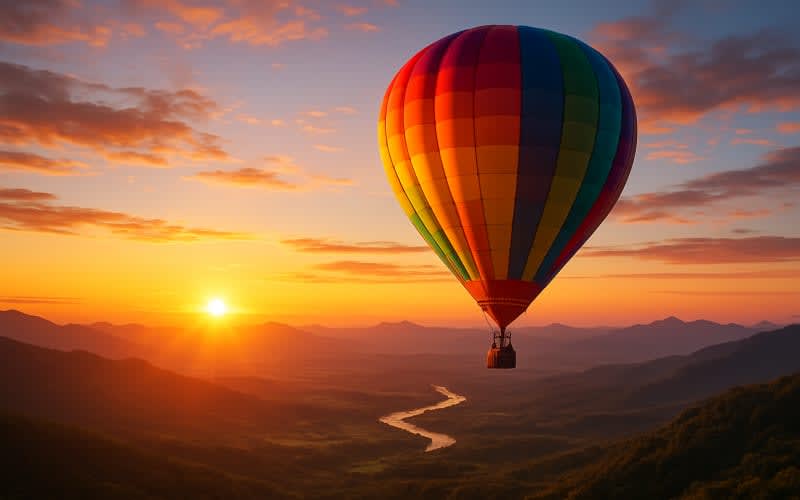 A colorful hot air balloon soaring over a breathtaking landscape at sunrise.