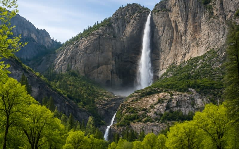 A breathtaking view of Yosemite National Park's waterfalls cascading down cliffs surrounded by lush spring greenery.