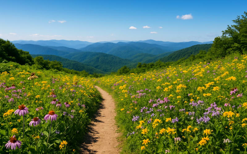 A scenic view of the Great Smoky Mountains with wildflowers in full bloom along a hiking trail under a clear blue sky.