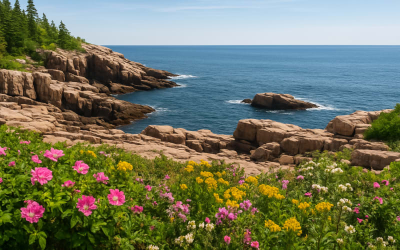 A panoramic view of Acadia National Park's rocky coastline with flowering plants in the foreground and the ocean in the background.