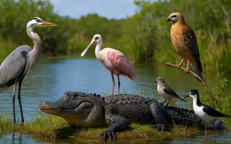 A diverse array of birds and an alligator in the Everglades National Park during spring.