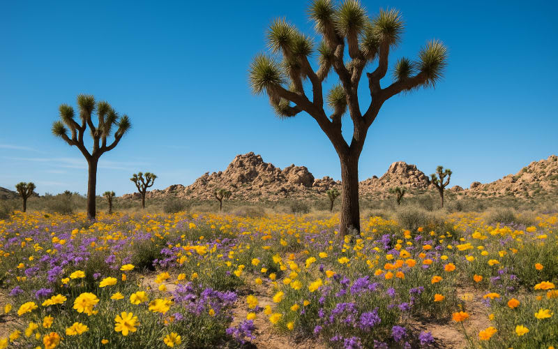 A vibrant desert landscape in Joshua Tree National Park with blooming wildflowers and iconic Joshua Trees under a clear blue sky.