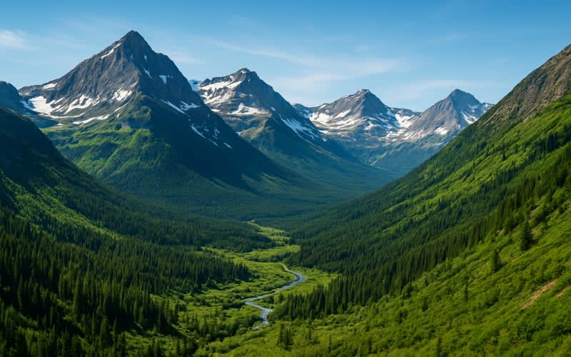 A view of Glacier National Park with melting snow on mountain peaks and lush green valleys below.
