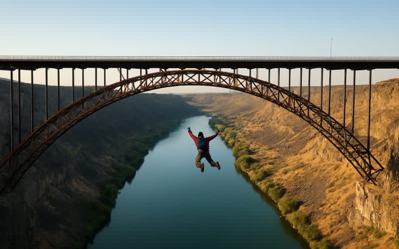 A stunning aerial view of Perrine Bridge spanning over the Snake River Canyon with a base jumper leaping off.
