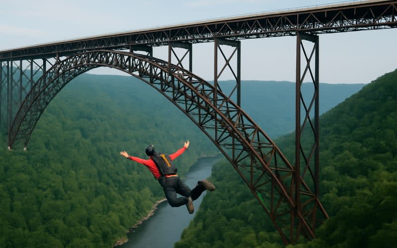 A breathtaking view of the New River Gorge Bridge with a brave base jumper gliding through the air below.