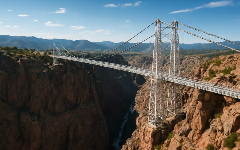 A breathtaking view of the Royal Gorge Bridge extending over the dramatic canyon landscape in Colorado.