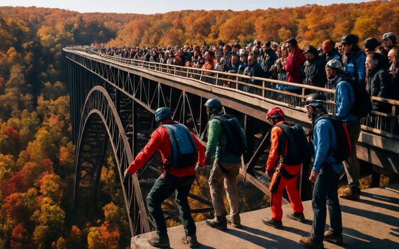 A packed bridge with base jumpers preparing to leap, surrounded by the vibrant fall foliage of West Virginia.