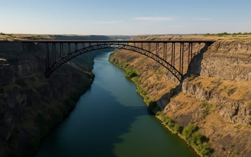 A stunning aerial view of the Snake River Canyon with the iconic Twin Falls Bridge in the background.