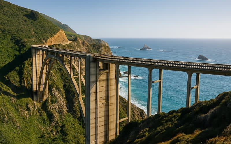 A scenic view of Bixby Creek Bridge in California, arching gracefully over a rocky canyon with the Pacific Ocean in the background.