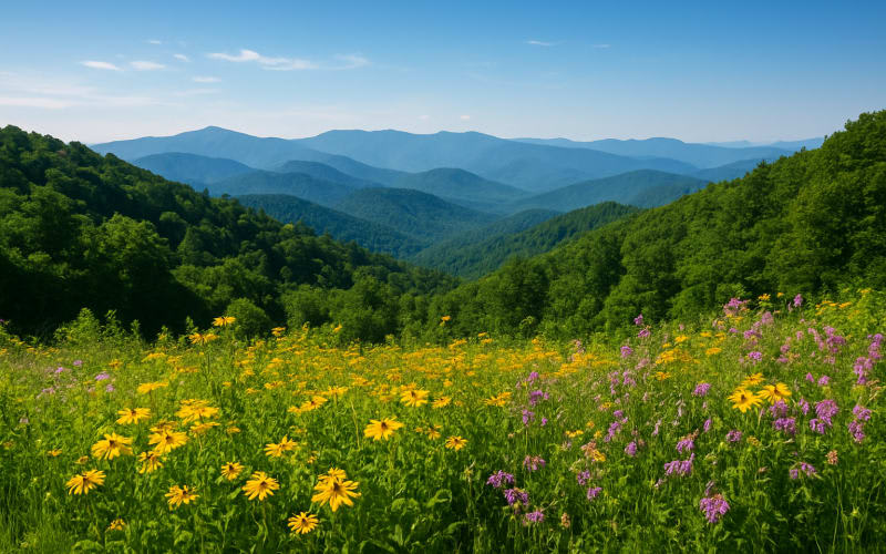 A scenic view of the Great Smoky Mountains with lush greenery and wildflowers in bloom under a clear blue sky.