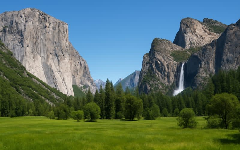 A breathtaking view of Yosemite Valley with lush green meadows and waterfalls set against towering granite cliffs.