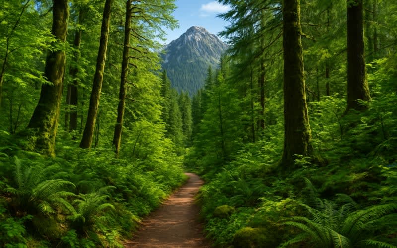 A vibrant forest trail in Olympic National Park with lush green trees and a mountain backdrop.