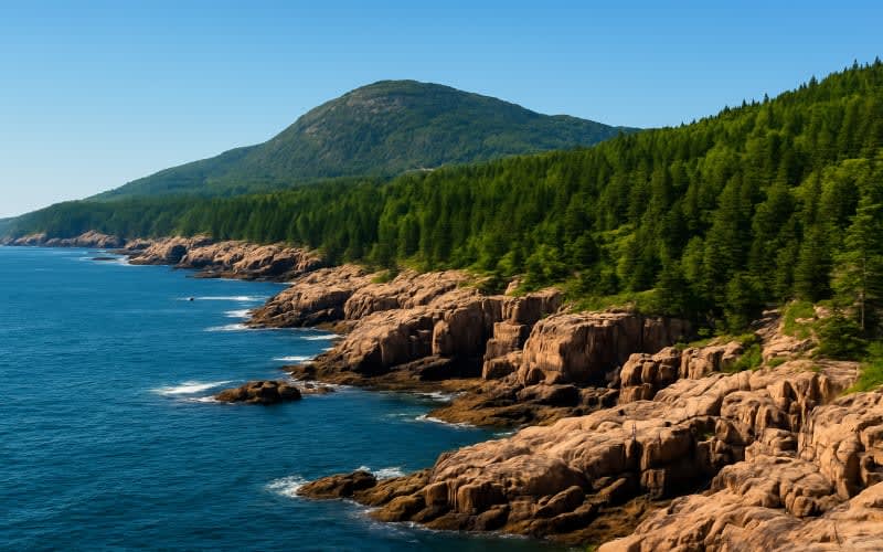 A view of the rugged coastline and forested hills of Acadia National Park under a clear blue sky.