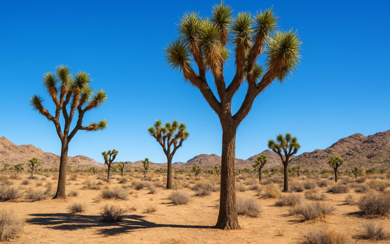 A stunning desert landscape dotted with unique Joshua Trees under a bright blue sky.