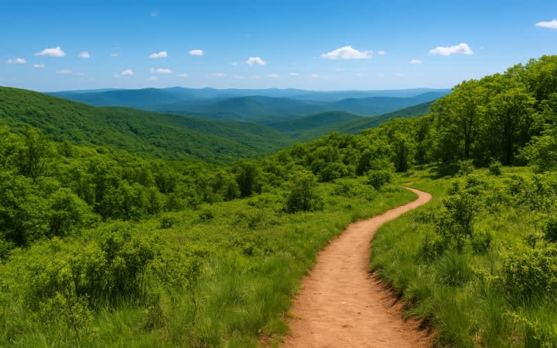 A panoramic view of Shenandoah National Park, showcasing lush greenery and a winding hiking trail under clear blue skies.