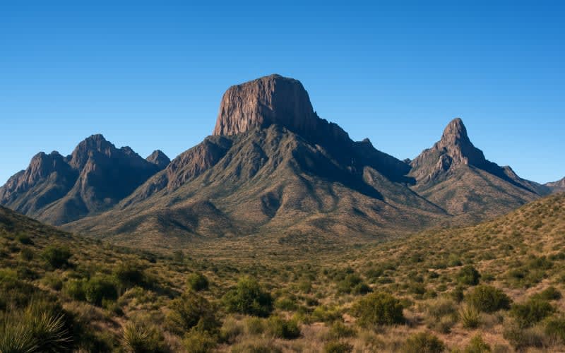 A stunning view of the Chisos Mountains in Big Bend National Park under a clear blue sky.