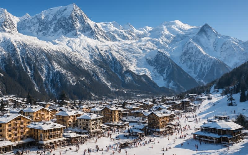 A panoramic view of Chamonix-Mont-Blanc, showcasing snow-covered peaks and a bustling ski resort village.