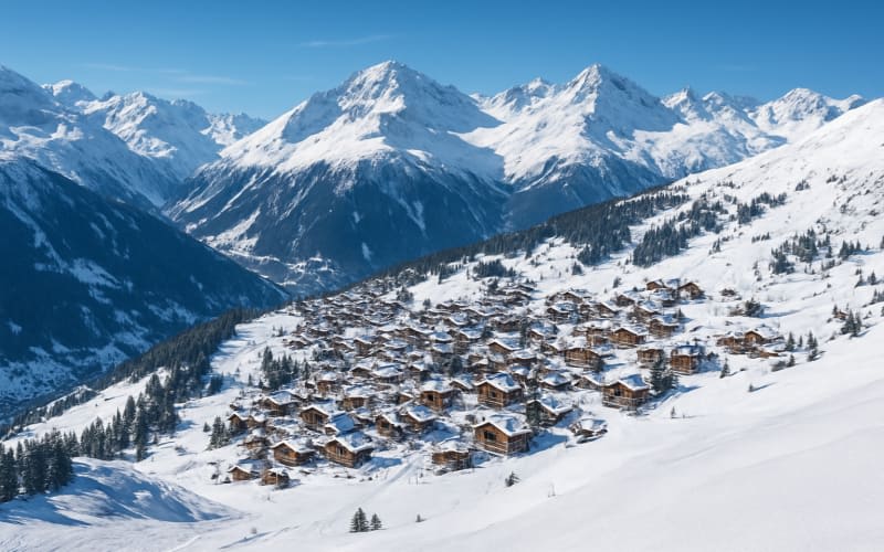 A breathtaking panoramic view of Verbier's snowy slopes and charming village from a mountaintop.