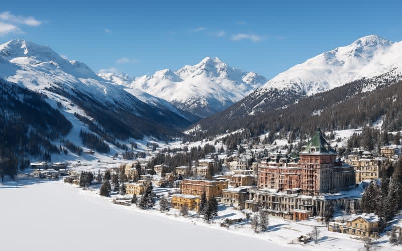 A panoramic view of St. Moritz, showcasing its snow-covered slopes and luxurious facilities.