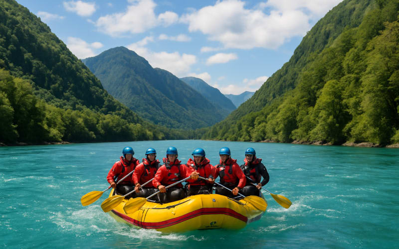 A group of rafters navigating the turquoise waters of the Rio Futaleufú surrounded by lush green mountains.