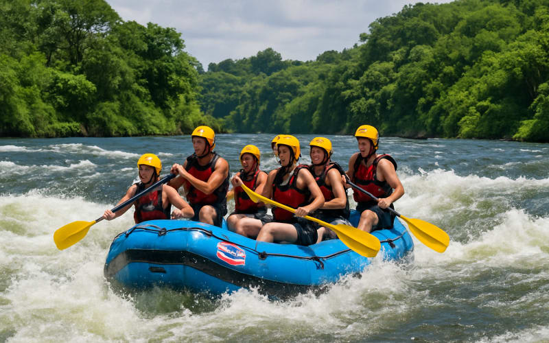 A group of rafters navigating the rapid waters of the Zambezi River with lush green scenery in the background.