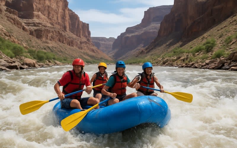 Rafters navigating rapids in the Grand Canyon on the Colorado River.