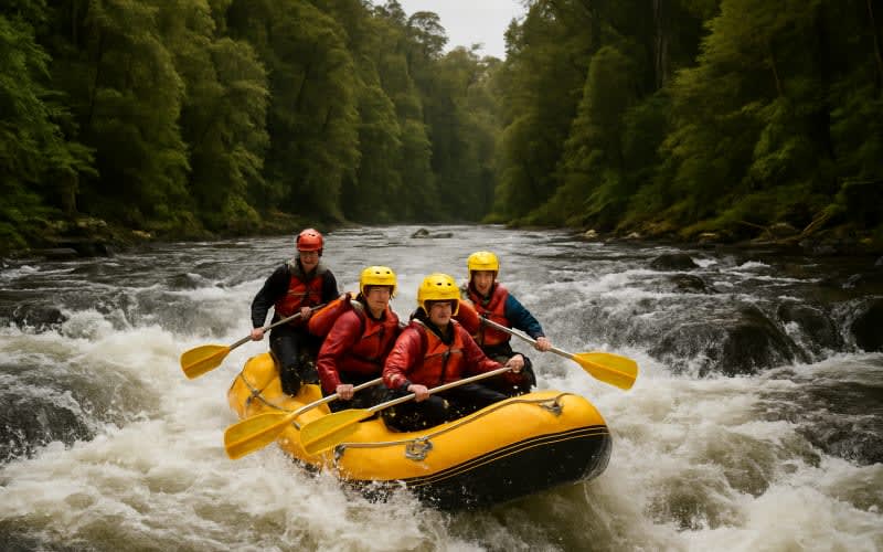 A thrilling raft navigating through the rapids of Franklin River surrounded by lush Tasmanian wilderness.