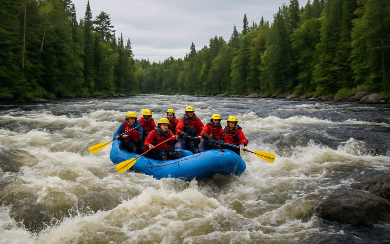 A group of rafters navigating turbulent rapids on the Magpie River with dense forests in the background.