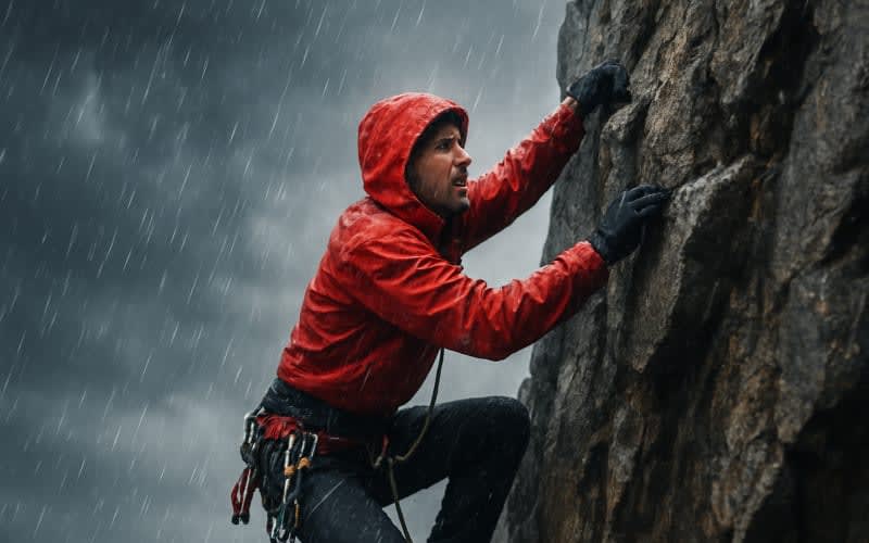 A climber caught in a sudden storm on a rocky cliff.