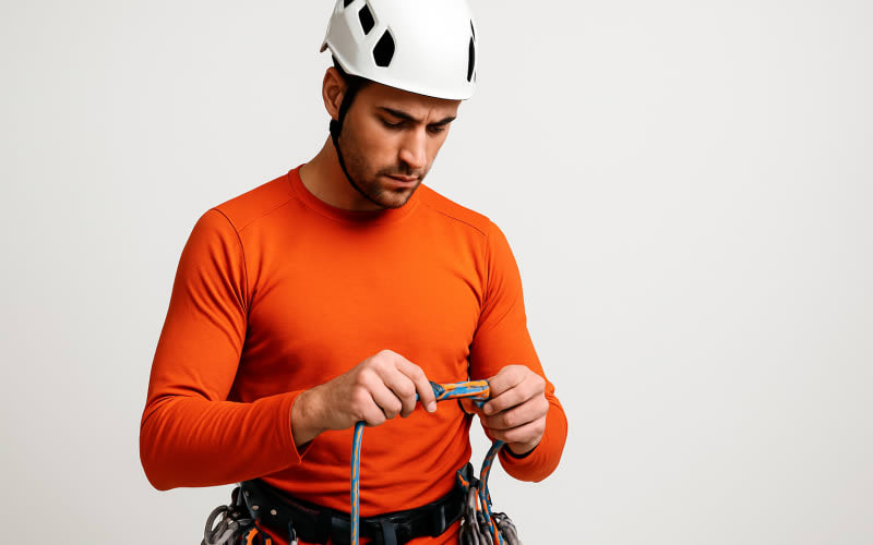 A climber inspecting their gear and checking knots before climbing.