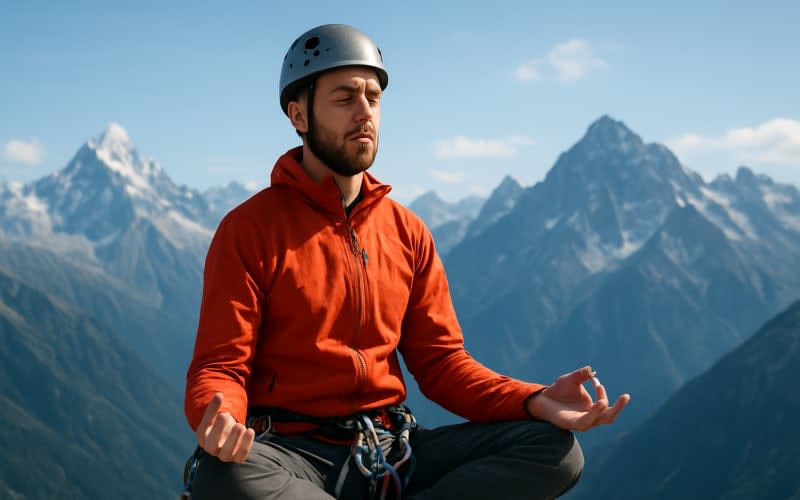 A climber meditating with a backdrop of a mountain range, symbolizing mental preparation.