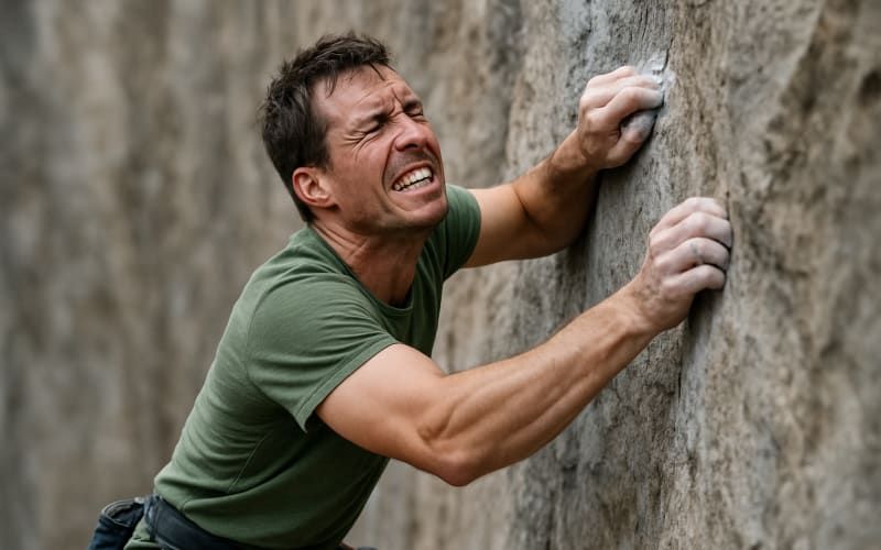 A climber struggling on a challenging rock face with visible strain on their face.
