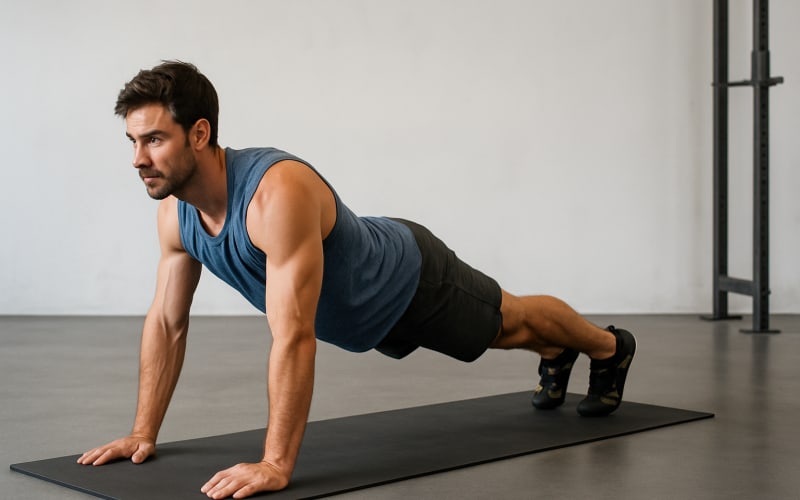 A rock climber performing a plank exercise on a yoga mat in a gym setting.
