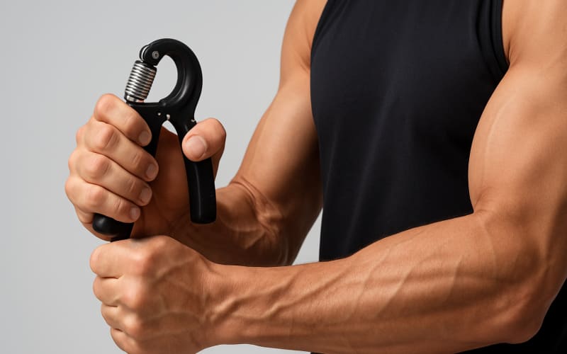 Image of a person using a grip strengthener tool with both hands, focusing on their forearm muscles.