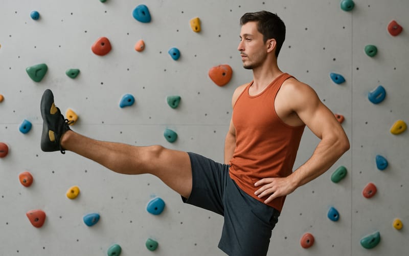 A rock climber performing leg swings to improve flexibility and range of motion.