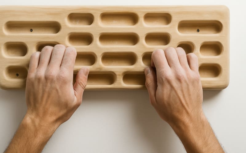 A close-up of a climber's hands holding onto a fingerboard with various holds.