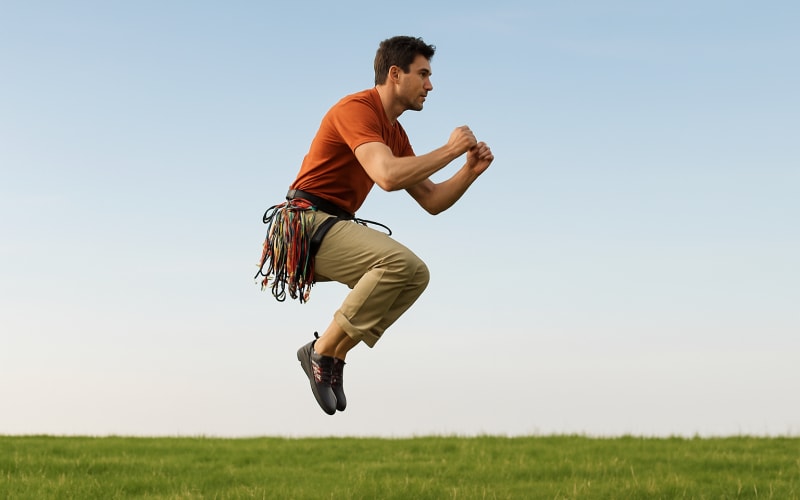 A rock climber performing plyometric jumps outdoors on a grassy field.