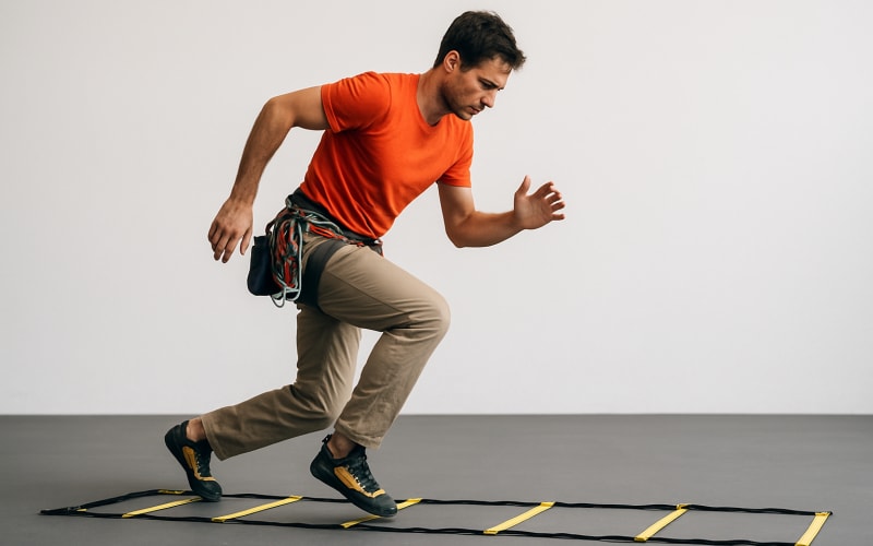 A rock climber practicing agility ladder drills on a gym floor.
