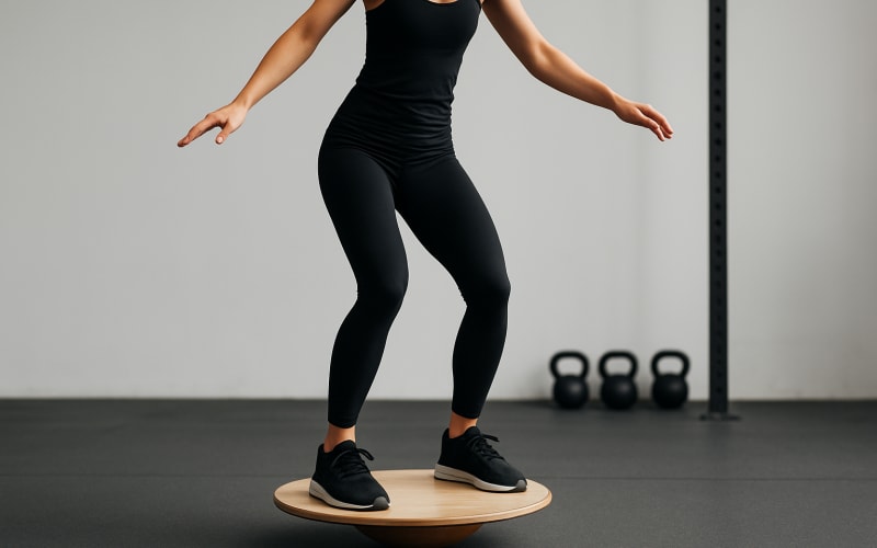 A person balancing on a wobble board in a gym, focusing on stability.