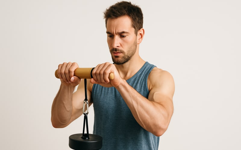 A climber using a wrist roller to exercise their forearm muscles.