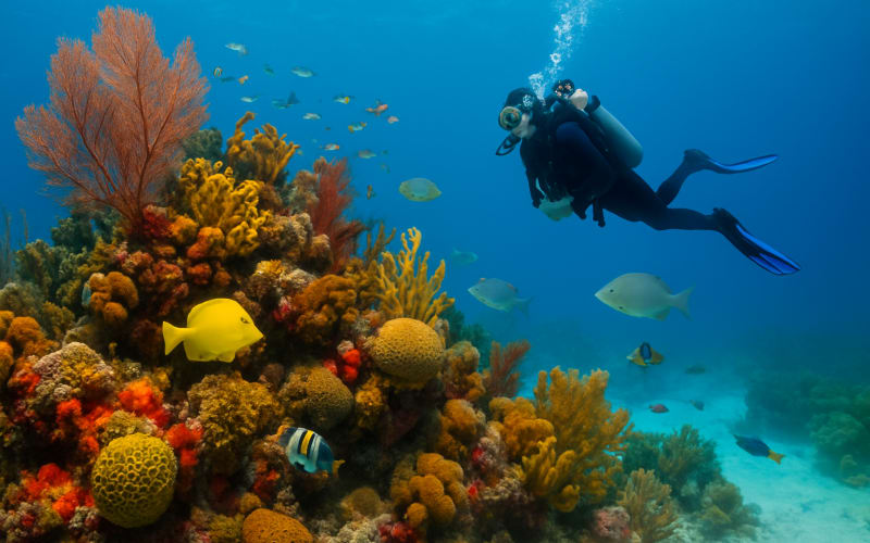 Colorful coral reef with diverse marine life and a scuba diver in Florida Keys National Marine Sanctuary.