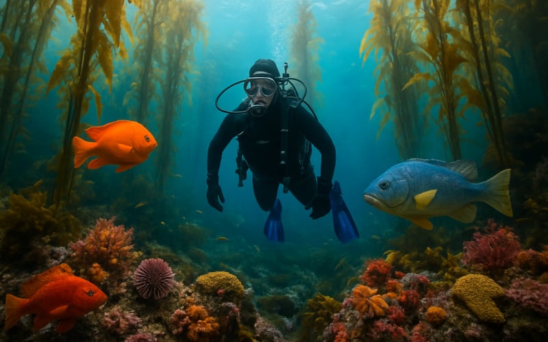 A vibrant underwater scene at Channel Islands National Park with a scuba diver exploring lush kelp forests and colorful marine life.