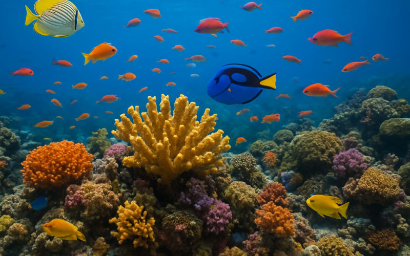 A vibrant coral reef teeming with colorful fish and marine life in the Flower Garden Banks National Marine Sanctuary.