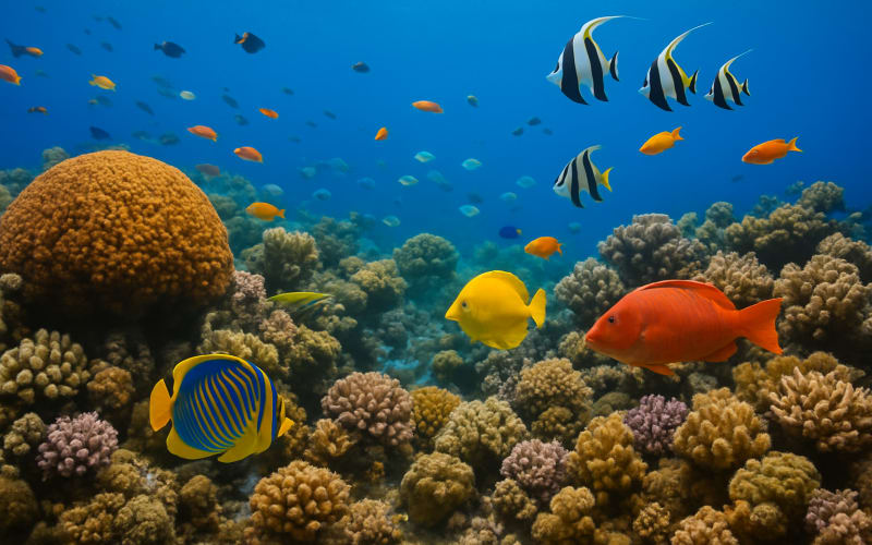 A vibrant coral reef with diverse marine life in the Molokini Crater, Hawaii.