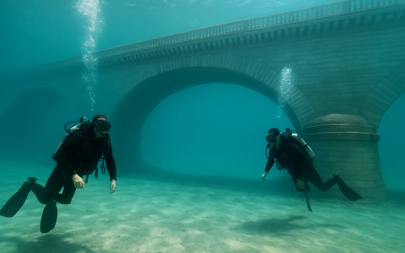 Divers exploring the submerged London Bridge in the clear waters of Lake Havasu, Arizona